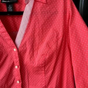Lane Bryant Sz 20 Coral Polka Dot Button Front ¾ Sleeve Blouse Casual Career